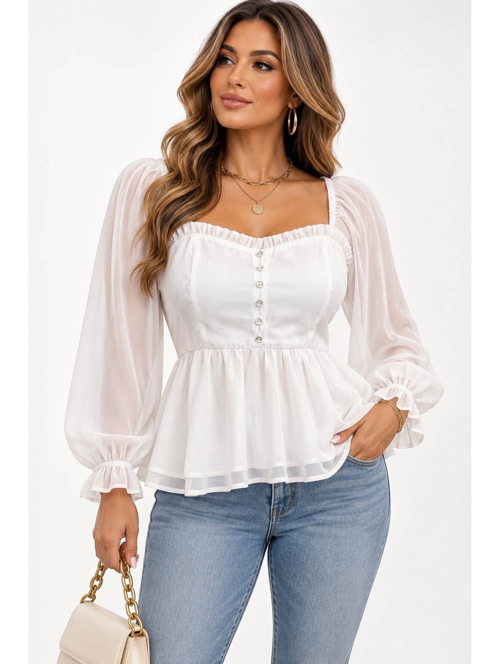 White Boho Sheer Balloon Sleeve Top with Button Front Crop Peplum Hem-Size Small